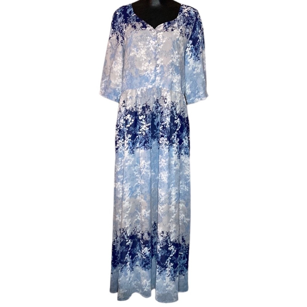 Mikarose | Blue Chiffon Maxi Dress Botanical Pattern M